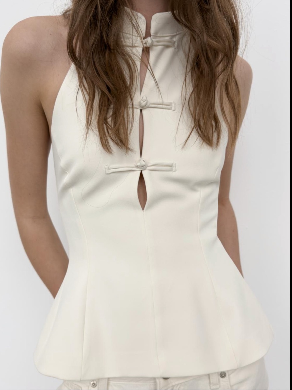 Zara Cream One-Shoulder Halter Peplum Top with Keyhole Buttons